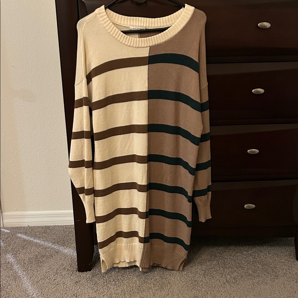 August Sky Striped Knit Sweater Dress – Cream & Brown, Size M